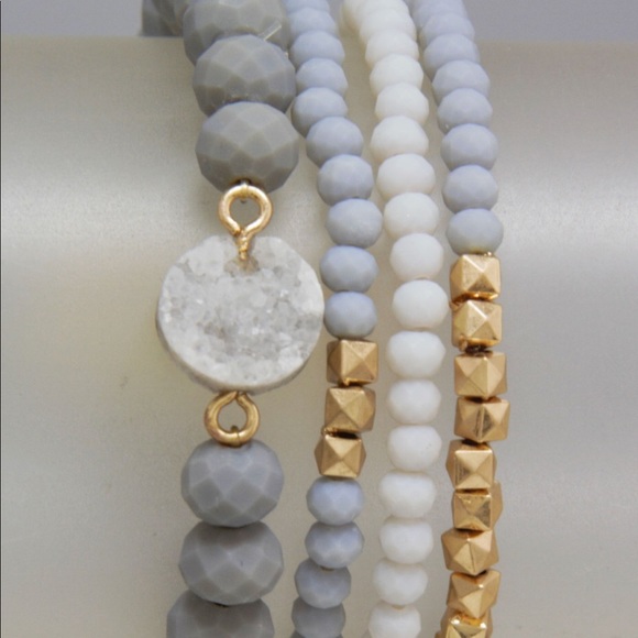 Multi Beaded Stone Stretchy Bracelet w round Druzy - Picture 2 of 2